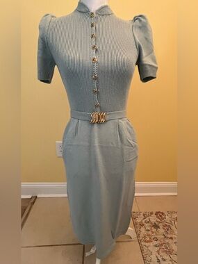 Vintage St John Blue Santana Knit Short Sleeve Dress with Gold Buttons & Belt